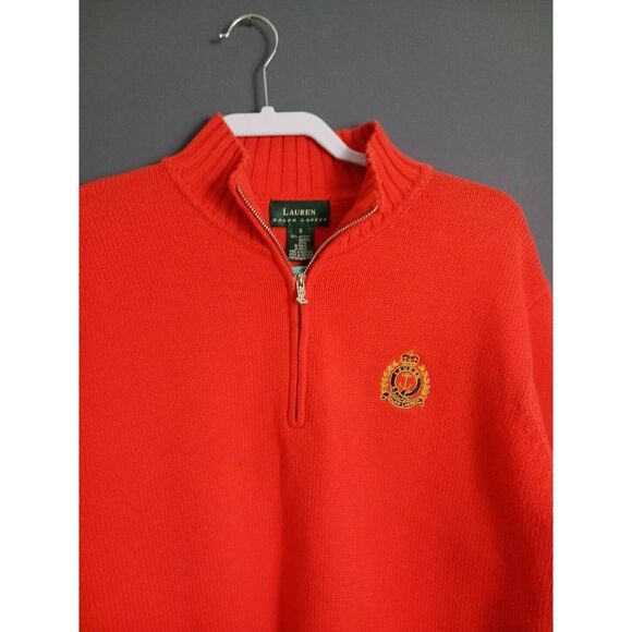 Lauren Ralph Lauren Sweater Mens Small 1/4 Zip Orange Embroidery Crest Cotton - Picture 2 of 7